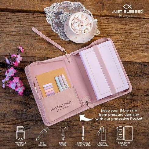 JUST BLESSED Elegant PU Leather Bible Cover Case for Women Men - Minimalist Bible Cover - Classic Bible Covers for Women - Bible Case/Bible Cases for Woman - Bible Carrying Case for Women Men in Saudi Arabia