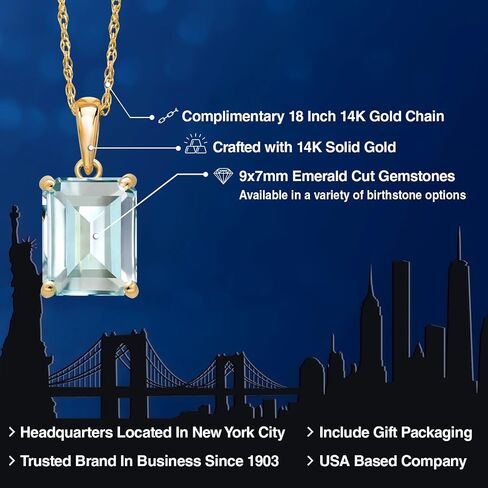 Gem Stone King 14K Yellow Gold 9X7MM Emerald Cut Gemstone Birthstone Solitaire Pendant Necklace | Gold Necklace For Women | With 18 Inch Gold Chain in Kuwait