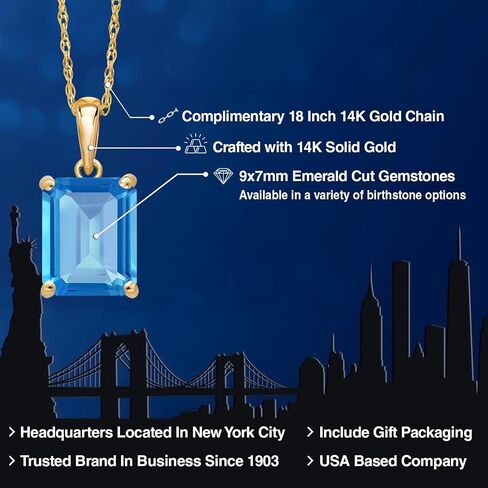 Gem Stone King 14K Yellow Gold 9X7MM Emerald Cut Gemstone Birthstone Solitaire Pendant Necklace | Gold Necklace For Women | With 18 Inch Gold Chain in Kuwait