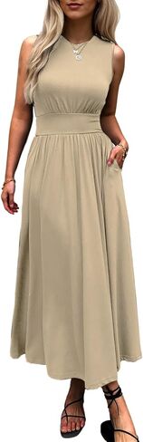 Women's Sleeveless Summer Maxi Dress Crewneck Casual Swing Pleated Long Dresses with Pockets in Saudi Arabia