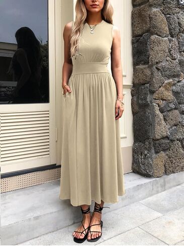 Women's Sleeveless Summer Maxi Dress Crewneck Casual Swing Pleated Long Dresses with Pockets in Saudi Arabia