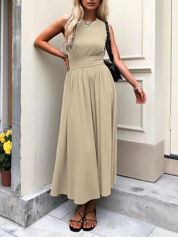 Women's Sleeveless Summer Maxi Dress Crewneck Casual Swing Pleated Long Dresses with Pockets in Saudi Arabia