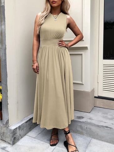 Women's Sleeveless Summer Maxi Dress Crewneck Casual Swing Pleated Long Dresses with Pockets in Saudi Arabia