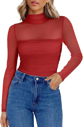 ANRABESS Womens Sexy Mesh Long Sleeve Shirts Trendy Mock Neck Sheer Ruched Going Out Tops Fall Slim Fit Blouses 2025 in Saudi Arabia