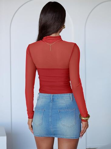 ANRABESS Womens Sexy Mesh Long Sleeve Shirts Trendy Mock Neck Sheer Ruched Going Out Tops Fall Slim Fit Blouses 2025 in Saudi Arabia