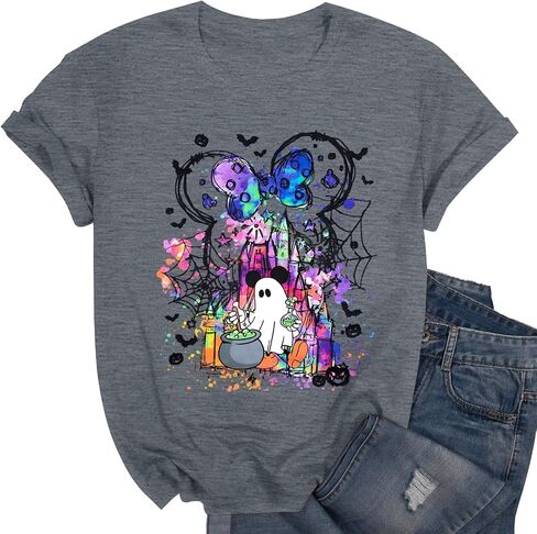 قمصان الشبح الهالوين: قميص المملكة السحرية نساء مضحكة سحرية القلعة T Shirt Spooky Season Halloween Short Sleeve Tees in Kuwait