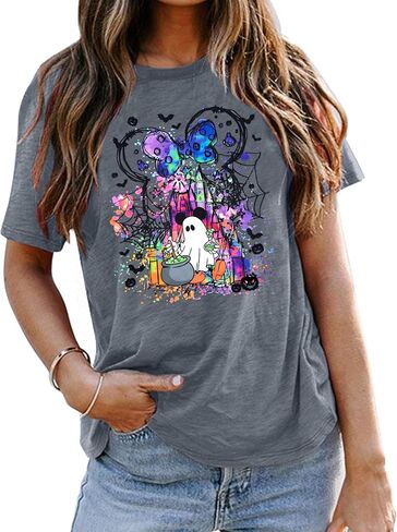 قمصان الشبح الهالوين: قميص المملكة السحرية نساء مضحكة سحرية القلعة T Shirt Spooky Season Halloween Short Sleeve Tees in Kuwait