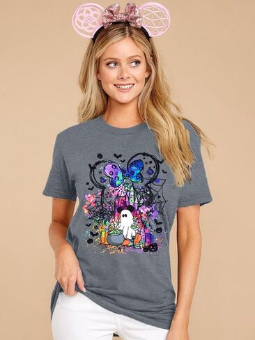 قمصان الشبح الهالوين: قميص المملكة السحرية نساء مضحكة سحرية القلعة T Shirt Spooky Season Halloween Short Sleeve Tees in Kuwait
