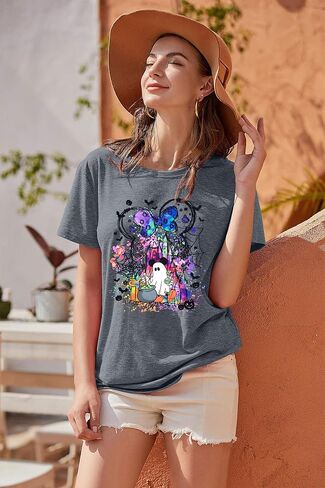 قمصان الشبح الهالوين: قميص المملكة السحرية نساء مضحكة سحرية القلعة T Shirt Spooky Season Halloween Short Sleeve Tees in Kuwait
