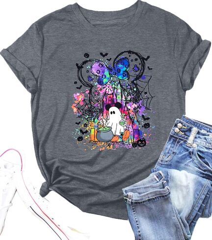قمصان الشبح الهالوين: قميص المملكة السحرية نساء مضحكة سحرية القلعة T Shirt Spooky Season Halloween Short Sleeve Tees in Kuwait