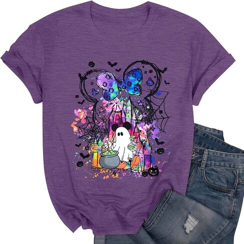 قمصان الشبح الهالوين: قميص المملكة السحرية نساء مضحكة سحرية القلعة T Shirt Spooky Season Halloween Short Sleeve Tees in Saudi Arabia