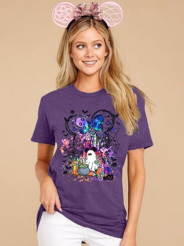 قمصان الشبح الهالوين: قميص المملكة السحرية نساء مضحكة سحرية القلعة T Shirt Spooky Season Halloween Short Sleeve Tees in Saudi Arabia