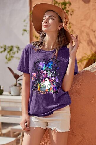 قمصان الشبح الهالوين: قميص المملكة السحرية نساء مضحكة سحرية القلعة T Shirt Spooky Season Halloween Short Sleeve Tees in Saudi Arabia