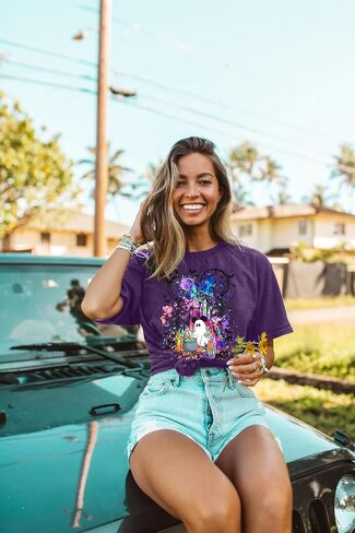 قمصان الشبح الهالوين: قميص المملكة السحرية نساء مضحكة سحرية القلعة T Shirt Spooky Season Halloween Short Sleeve Tees in Saudi Arabia