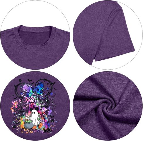 قمصان الشبح الهالوين: قميص المملكة السحرية نساء مضحكة سحرية القلعة T Shirt Spooky Season Halloween Short Sleeve Tees in Saudi Arabia