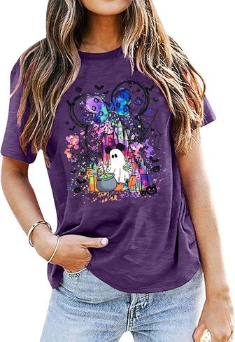قمصان الشبح الهالوين: قميص المملكة السحرية نساء مضحكة سحرية القلعة T Shirt Spooky Season Halloween Short Sleeve Tees in Saudi Arabia