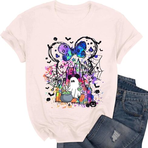 قمصان الشبح الهالوين: قميص المملكة السحرية نساء مضحكة سحرية القلعة T Shirt Spooky Season Halloween Short Sleeve Tees in Kuwait