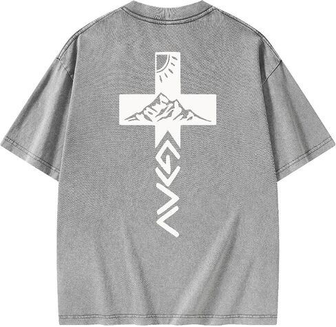 Graphic Tees Summer Women Men Cotton Novelty Oversized Crew Cross with Mountain in Bible Christian Washed T-Shirt in Saudi Arabia