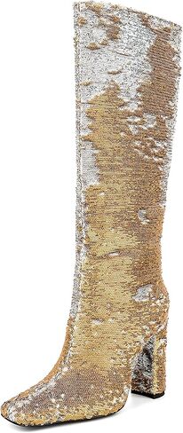 UP2step Women Fancy Square Tee الترتر اللامع ركب الركبتين الحذاء العالي الكعب العالي الحذاء للحفلة in Kuwait