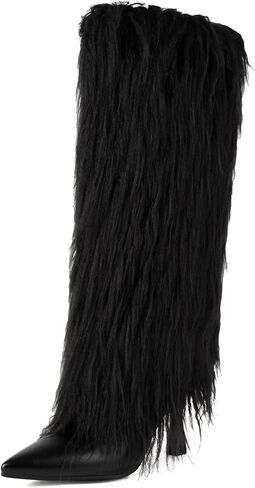 Tall Furry Boots for Women Stiletto Heel Fringe Faux Fur Knee High Boots in Kuwait