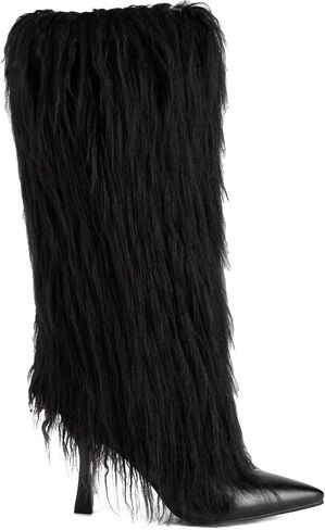 Tall Furry Boots for Women Stiletto Heel Fringe Faux Fur Knee High Boots in Kuwait