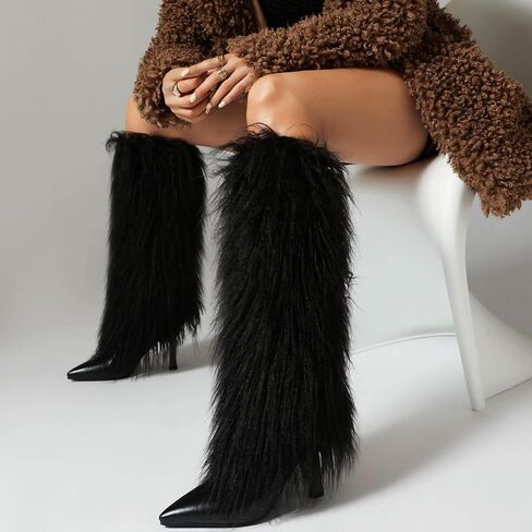 Tall Furry Boots for Women Stiletto Heel Fringe Faux Fur Knee High Boots in Kuwait