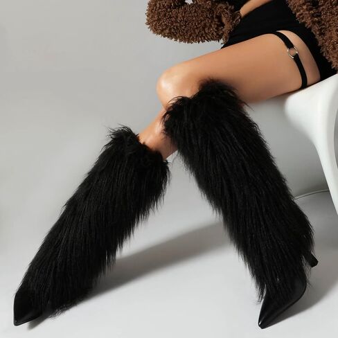 Tall Furry Boots for Women Stiletto Heel Fringe Faux Fur Knee High Boots in Kuwait