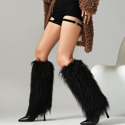 Tall Furry Boots for Women Stiletto Heel Fringe Faux Fur Knee High Boots in Kuwait