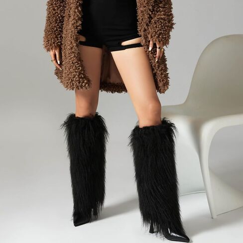 Tall Furry Boots for Women Stiletto Heel Fringe Faux Fur Knee High Boots in Kuwait