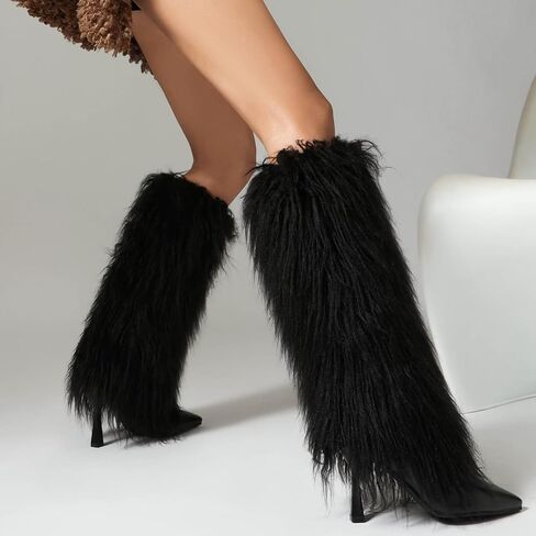 Tall Furry Boots for Women Stiletto Heel Fringe Faux Fur Knee High Boots in Kuwait