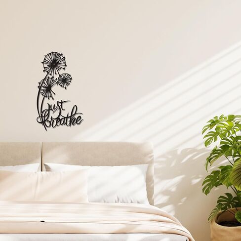 Rajukit Dandelion Wall Art with Just Breathe Quote – Inspirational Metal Flower Decor, Rustic Yoga & Office Wall Sculpture – Indoor/Outdoor Black Iron Dandelion Art for Home, Zen Spaces(11.8 x 7.1IN) in Saudi Arabia