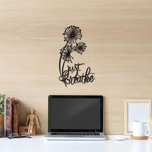 Rajukit Dandelion Wall Art with Just Breathe Quote – Inspirational Metal Flower Decor, Rustic Yoga & Office Wall Sculpture – Indoor/Outdoor Black Iron Dandelion Art for Home, Zen Spaces(11.8 x 7.1IN) in Saudi Arabia