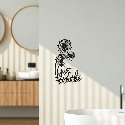 Rajukit Dandelion Wall Art with Just Breathe Quote – Inspirational Metal Flower Decor, Rustic Yoga & Office Wall Sculpture – Indoor/Outdoor Black Iron Dandelion Art for Home, Zen Spaces(11.8 x 7.1IN) in Saudi Arabia
