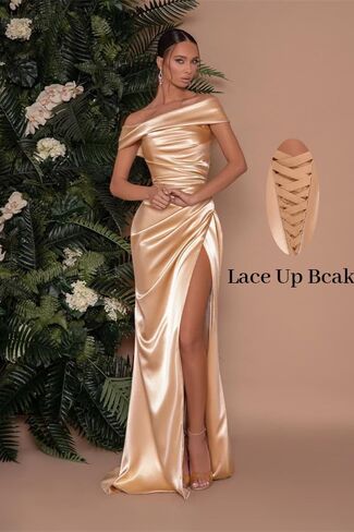 Mermaid Satin Bridesmaid Dresses Off The Shoulder Pleated Formal Evening Prom Gown Long with Slit MA40 in Saudi Arabia