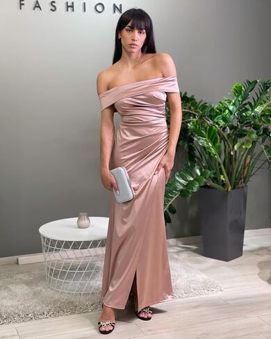 Mermaid Satin Bridesmaid Dresses Off The Shoulder Pleated Formal Evening Prom Gown Long with Slit MA40 in Saudi Arabia