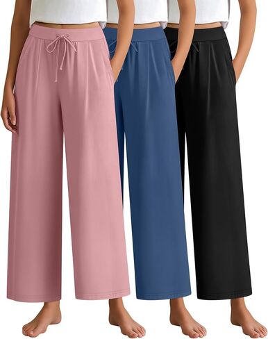 3 Pack Women's Wide Leg Lounge Pants, Loose Drawstring Yoga Sweatpants with Pockets Casual Cozy Pajama Jogger Pants in Saudi Arabia