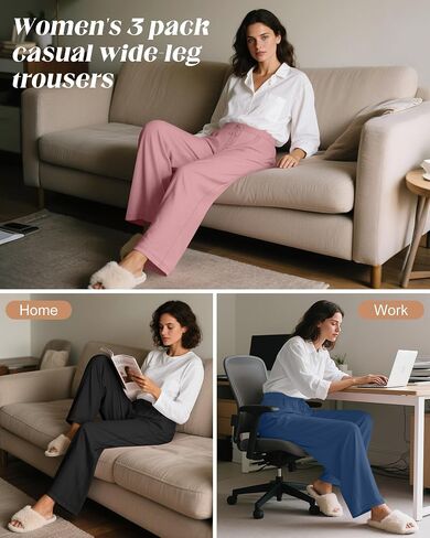 3 Pack Women's Wide Leg Lounge Pants, Loose Drawstring Yoga Sweatpants with Pockets Casual Cozy Pajama Jogger Pants in Saudi Arabia