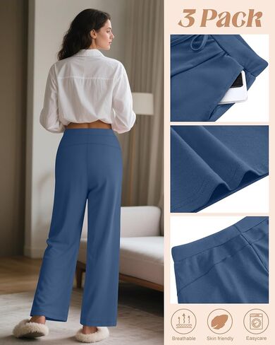 3 Pack Women's Wide Leg Lounge Pants, Loose Drawstring Yoga Sweatpants with Pockets Casual Cozy Pajama Jogger Pants in Saudi Arabia