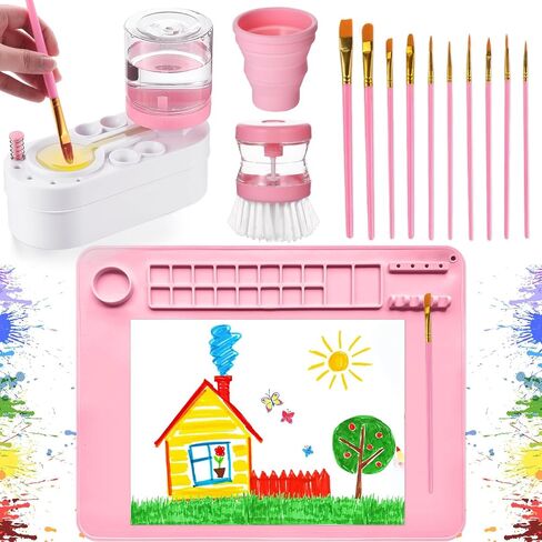 Painting Station Paint Brush Cleaner 20X16in Silicone Painting Mat with Cup and Paint Holder 10 Paint Brushes Children's Painting Set Art Painting Supplies for Kids Birthday Gifts DIY Creations (Pink) in Saudi Arabia