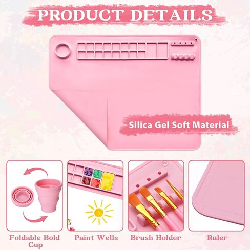 Painting Station Paint Brush Cleaner 20X16in Silicone Painting Mat with Cup and Paint Holder 10 Paint Brushes Children's Painting Set Art Painting Supplies for Kids Birthday Gifts DIY Creations (Pink) in Saudi Arabia