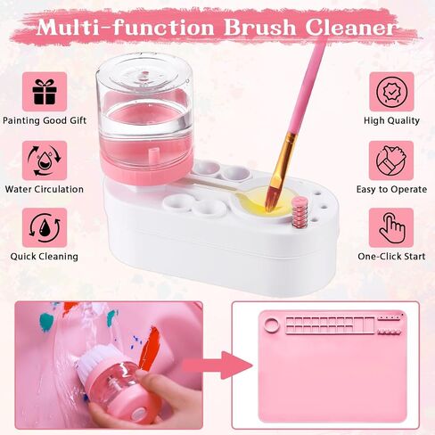 Painting Station Paint Brush Cleaner 20X16in Silicone Painting Mat with Cup and Paint Holder 10 Paint Brushes Children's Painting Set Art Painting Supplies for Kids Birthday Gifts DIY Creations (Pink) in Saudi Arabia