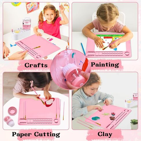 Painting Station Paint Brush Cleaner 20X16in Silicone Painting Mat with Cup and Paint Holder 10 Paint Brushes Children's Painting Set Art Painting Supplies for Kids Birthday Gifts DIY Creations (Pink) in Saudi Arabia
