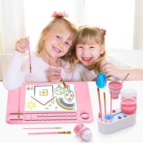 Painting Station Paint Brush Cleaner 20X16in Silicone Painting Mat with Cup and Paint Holder 10 Paint Brushes Children's Painting Set Art Painting Supplies for Kids Birthday Gifts DIY Creations (Pink) in Saudi Arabia