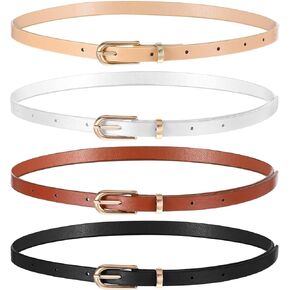 4 Pack Women Skinny Leather Belts for Jeans, Thin Waist Belt with Metal Buckle for Ladies, Dresses, Pants (38 Inches, White, Black, Cream Color, Coffee) in Saudi Arabia