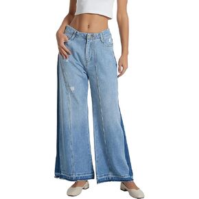 D-Sun Women's Mid Rise Wide Leg Jeans Casual Baggy Wide Leg Flared Jeans Trendy Side Seam Colorblock Denim Pants with Pockets in Saudi Arabia