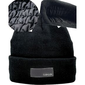 Padded Silk Satin-Lined Beanie for Woman & Men – Warm Knit Winter Hat, Hair Friendly & All-Day Wear, Prevents Breakage & Frizz, Reduces Scalp Irritation – Cuffed Style Black in Saudi Arabia