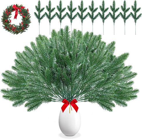 Christmas Greenery Stems 50PCS, Snowy Artificial Pine Stems Frosted Red Berry Stems 10.6" Faux Greenery Pine Branches Christmas Picks for DIY Christmas Garland Wreath Cedar Garland Home Dector (Snowy) in Saudi Arabia