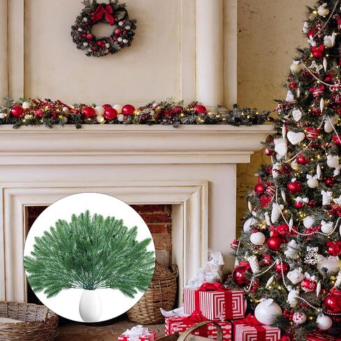 Christmas Greenery Stems 50PCS, Snowy Artificial Pine Stems Frosted Red Berry Stems 10.6" Faux Greenery Pine Branches Christmas Picks for DIY Christmas Garland Wreath Cedar Garland Home Dector (Snowy) in Saudi Arabia