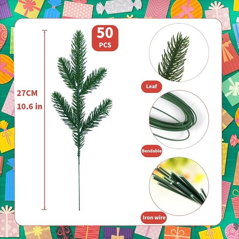 Christmas Greenery Stems 50PCS, Snowy Artificial Pine Stems Frosted Red Berry Stems 10.6" Faux Greenery Pine Branches Christmas Picks for DIY Christmas Garland Wreath Cedar Garland Home Dector (Snowy) in Saudi Arabia