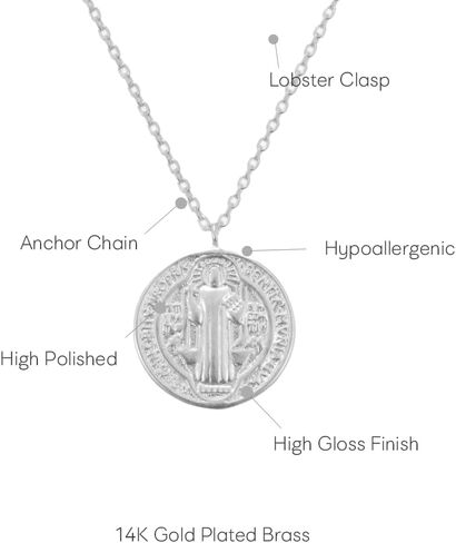 MUSTHAVE ST. Benedict Coin 18K Gold Plated Necklace With Message Card, Yellow and White Color, Anchor Chain, Best Gift Necklace, Size 16 inch + 2 inch Extender, Pendant in Saudi Arabia